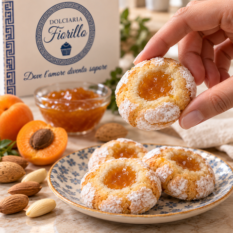 Paste di mandorla con marmellata di albicocca Dolciaria Fiorillo servite su piatto con albicocche, mandorle e marmellata di albicocca.