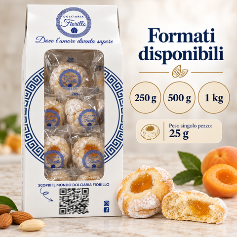 Paste di mandorla con marmellata di albicocca Dolciaria Fiorillo con confezione Fiorillo e formati disponibili da 250 g, 500 g e 1 kg.