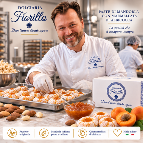 Paste di mandorla con marmellata di albicocca Dolciaria Fiorillo in laboratorio con pasticcere con guanti, vassoio di prodotto e confezione Fiorillo.