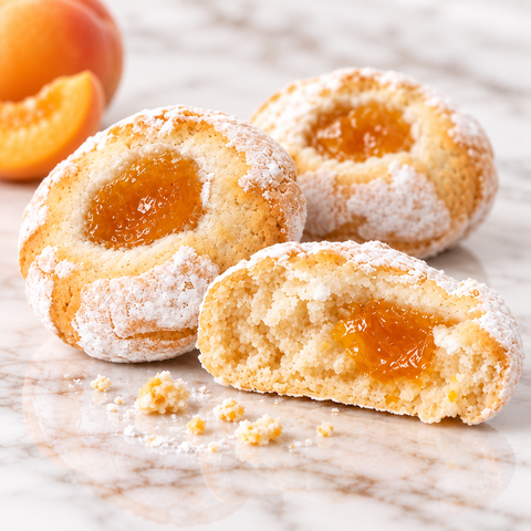 Dettaglio della texture delle paste di mandorla con marmellata di albicocca, con interno alla mandorla e marmellata ben visibile.