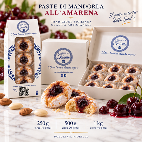 Paste di mandorla all’amarena Dolciaria Fiorillo nei formati da 250 g, 500 g e 1 kg con confezioni Fiorillo.
