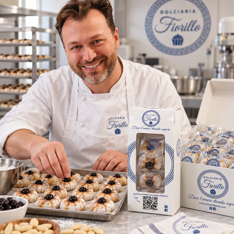 Paste di mandorla all’amarena Dolciaria Fiorillo in laboratorio con pasticcere e confezioni Fiorillo.