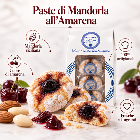 Paste di mandorla all’amarena Dolciaria Fiorillo con mandorla, cuore di amarena e confezione Fiorillo.
