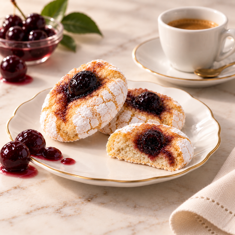 Paste di mandorla all’amarena Dolciaria Fiorillo servite con caffè e amarene.