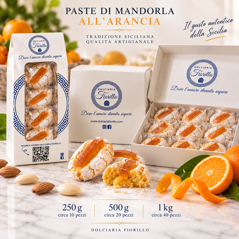 Paste di mandorla all’arancia Dolciaria Fiorillo nei formati da 250 g, 500 g e 1 kg con confezioni Fiorillo.
