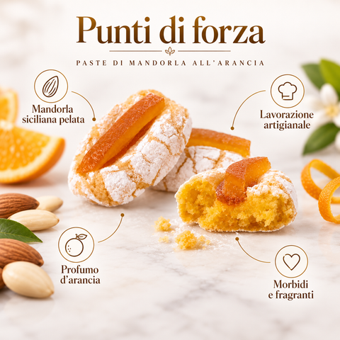 Paste di mandorla all’arancia con mandorla siciliana pelata, lavorazione artigianale e profilo aromatico d’arancia.