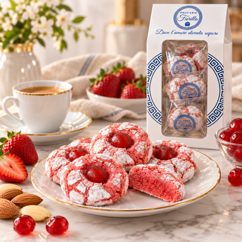 Paste di mandorla alla fragola con ciliegia candita servite su piatto con caffè, fragole, mandorle e confezione Dolciaria Fiorillo.