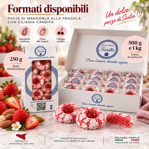 Paste di mandorla alla fragola con ciliegia candita Dolciaria Fiorillo nei formati da 250 g, 500 g e 1 kg con busta verticale e scatola piatta.
