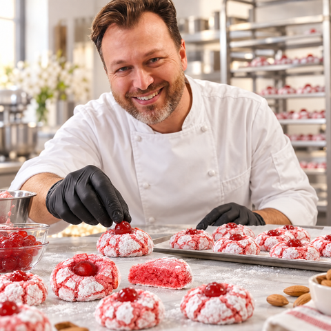 Pasticcere in laboratorio prepara paste di mandorla alla fragola con ciliegia candita indossando guanti neri.