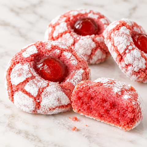 Dettaglio della texture delle paste di mandorla alla fragola con ciliegia candita, superficie con zucchero a velo e interno rosa visibile.