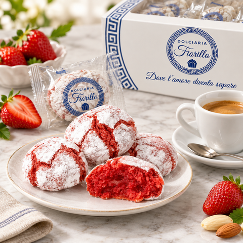 Paste di mandorla alla fragola Dolciaria Fiorillo servite con caffè, fragole, mandorle e confezione Fiorillo.