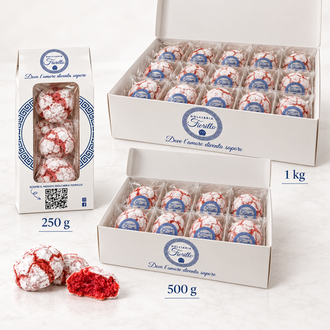 Paste di mandorla alla fragola Dolciaria Fiorillo nei formati da 250 g, 500 g e 1 kg con busta verticale e scatole piatte Fiorillo.

