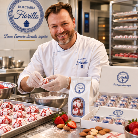Paste di mandorla alla fragola Dolciaria Fiorillo in laboratorio con pasticcere con guanti, vassoi di prodotto e confezioni Fiorillo.