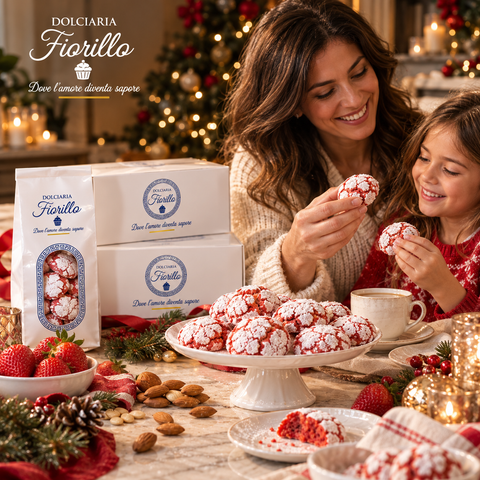 Paste di mandorla alla fragola Dolciaria Fiorillo in atmosfera natalizia con confezioni Fiorillo e una famiglia che condivide il prodotto a tavola.