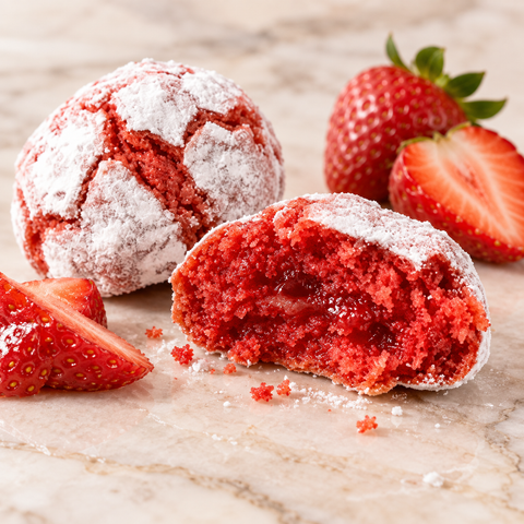 Dettaglio della texture delle paste di mandorla alla fragola con interno rosso, superficie ricoperta di zucchero a velo e fragole.