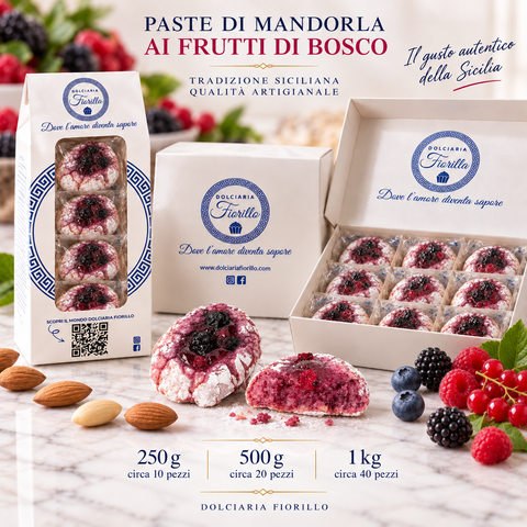 Paste di mandorla ai frutti di bosco Dolciaria Fiorillo nei formati da 250 g, 500 g e 1 kg con confezioni Fiorillo.
