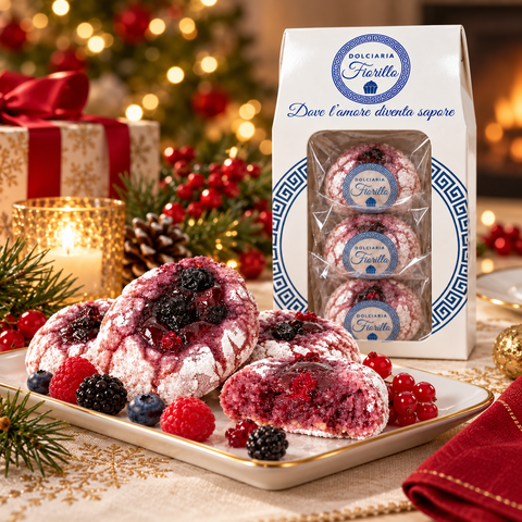 Paste di mandorla ai frutti di bosco Dolciaria Fiorillo in atmosfera natalizia con confezione Fiorillo e tavola delle feste.