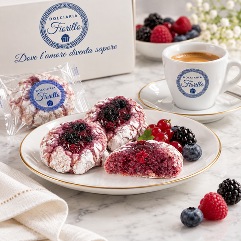 Paste di mandorla ai frutti di bosco Dolciaria Fiorillo servite con caffè e frutti di bosco.
