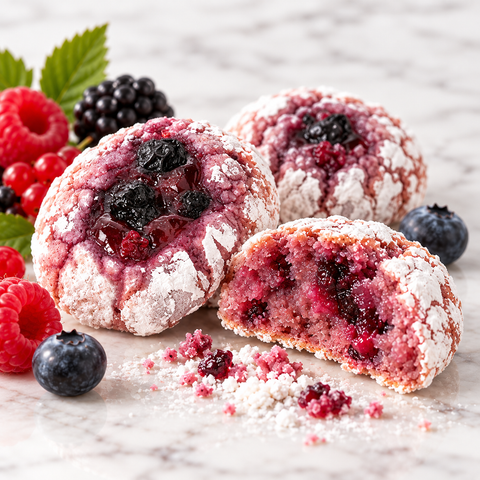 Dettaglio della texture delle paste di mandorla ai frutti di bosco con interno rosa e piccoli frutti visibili.