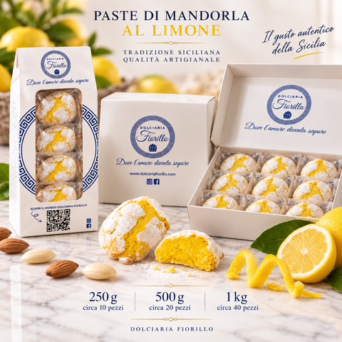Paste di mandorla al limone Dolciaria Fiorillo nei formati da 250 g, 500 g e 1 kg con confezioni Fiorillo.

