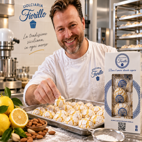 Paste di mandorla al limone Dolciaria Fiorillo in laboratorio con pasticcere, vassoio di prodotto e confezione Fiorillo.
