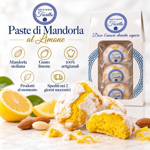 Paste di mandorla al limone Dolciaria Fiorillo con mandorla, limone e confezione Fiorillo.
