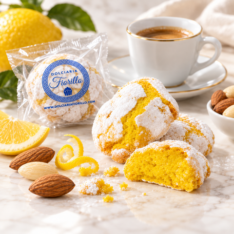 Paste di mandorla al limone Dolciaria Fiorillo servite con caffè, limone, mandorle e confezione singola.