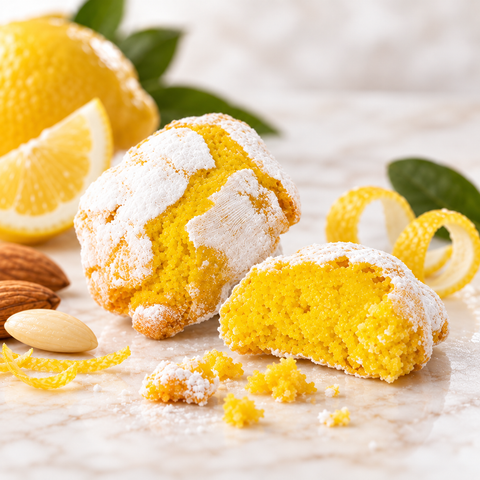 Dettaglio della texture delle paste di mandorla al limone con interno giallo, zucchero a velo e scorza di limone.