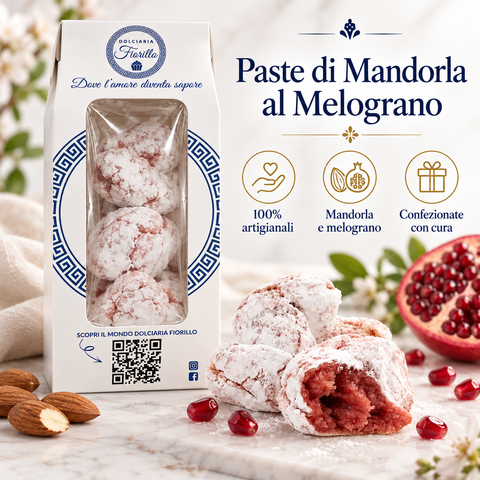 Paste di mandorla al melograno Dolciaria Fiorillo con confezione Fiorillo, prodotto artigianale, mandorle e melograno.