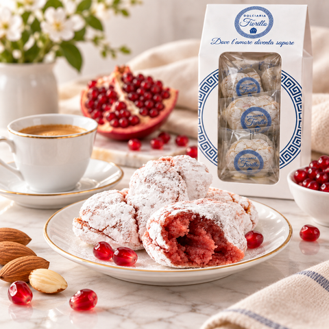Paste di mandorla al melograno Dolciaria Fiorillo servite con caffè, melograno, mandorle e confezione Fiorillo.
