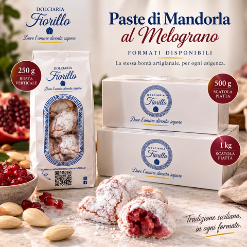 Paste di mandorla al melograno Dolciaria Fiorillo nei formati da 250 g, 500 g e 1 kg con busta verticale e scatole piatte Fiorillo.