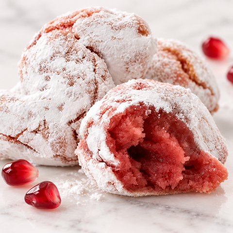 Dettaglio della texture delle paste di mandorla al melograno con interno rosato compatto e superficie ricoperta di zucchero a velo.