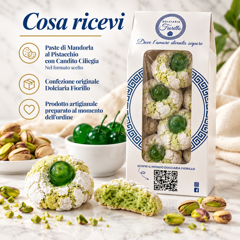 Cosa ricevi con le paste di mandorla al pistacchio con candito di ciliegia Dolciaria Fiorillo: prodotto nel formato scelto e confezione originale Fiorillo.