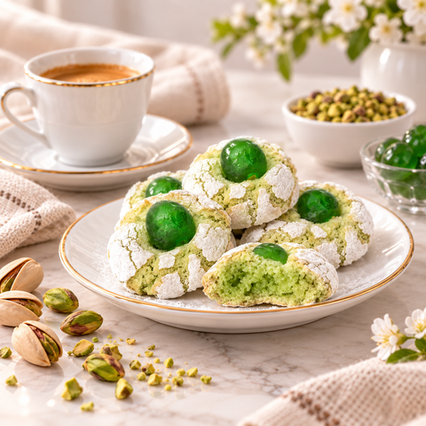 Paste di mandorla al pistacchio con candito di ciliegia servite con caffè, pistacchi e canditi verdi in una scena di degustazione.