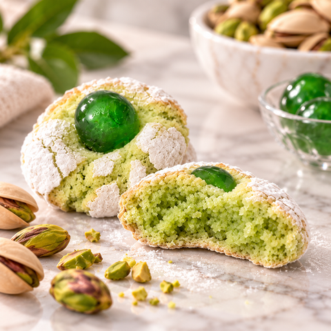 Dettaglio della texture delle paste di mandorla al pistacchio con interno verde e candito di ciliegia sulla superficie.