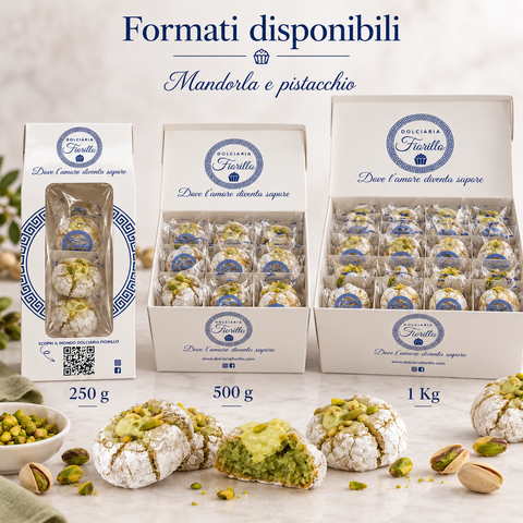 Paste di mandorla al pistacchio Dolciaria Fiorillo nei formati da 250 g, 500 g e 1 kg con confezioni Fiorillo.