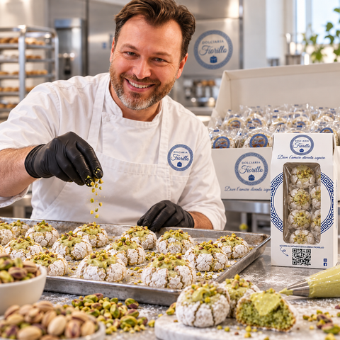 Paste di mandorla al pistacchio Dolciaria Fiorillo in laboratorio con pasticcere, vassoio di prodotto e pistacchi.