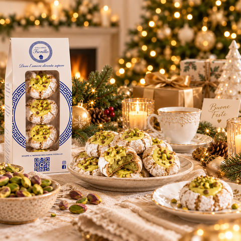 Paste di mandorla al pistacchio Dolciaria Fiorillo in atmosfera natalizia con confezione Fiorillo, pistacchi e tavola delle feste.