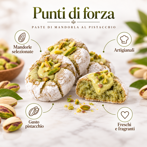 Paste di mandorla al pistacchio Dolciaria Fiorillo con mandorle, pistacchi e lavorazione artigianale.

