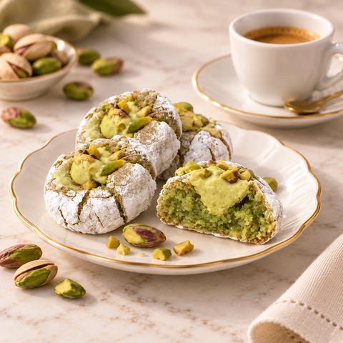 Paste di mandorla al pistacchio Dolciaria Fiorillo servite con caffè e pistacchi.