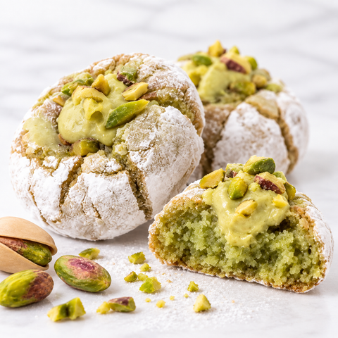 Dettaglio della texture delle paste di mandorla al pistacchio con interno verde, crema e granella di pistacchio della dolciaria fiorillo.