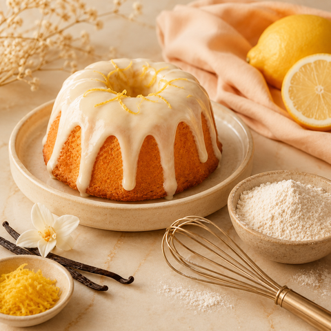 Torta glassata al limone con ingredienti per dolci e frusta su marmo chiaro